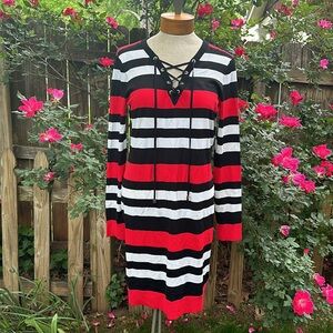 Michael Kors Red, white & black stripe dress M 35 length
73% viscose / 27% nylon
